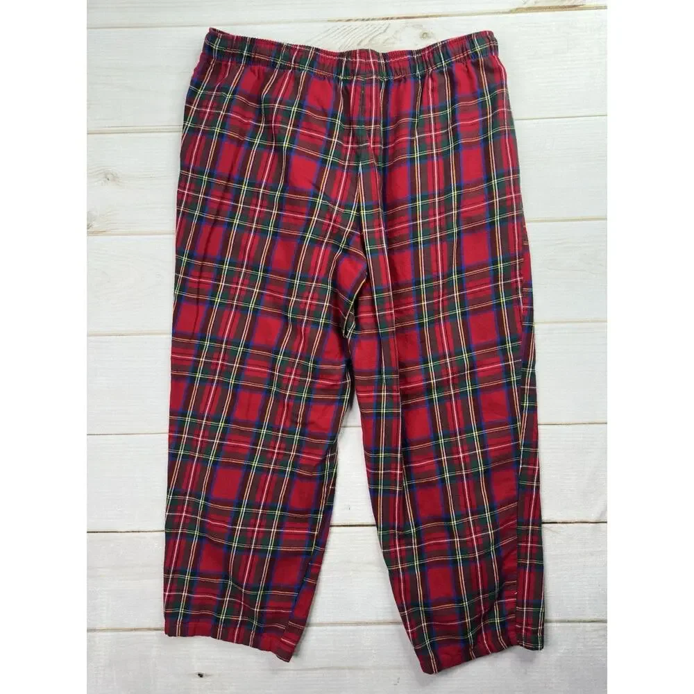 Lands End Mens Sleep Pants XL 40/42 Flannel Pajama Lounge Red Plaid Drawstring